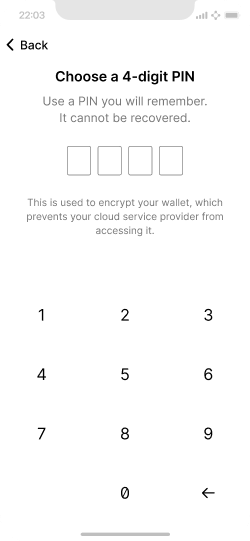 Screen showing a number pad for selecting a PIN